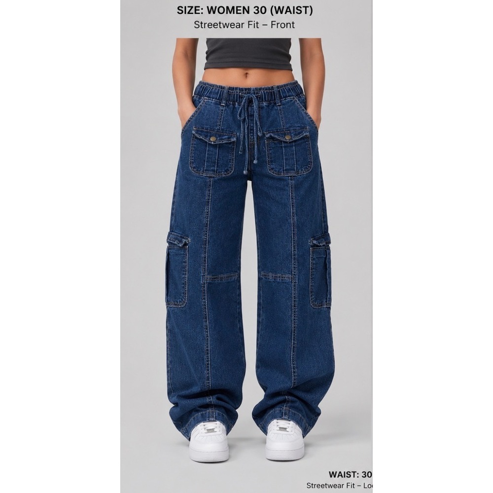 VIP Blue Denim Cargo Utility Pants Womens Size 11/30 Elastic Waist Wide Leg Y2K